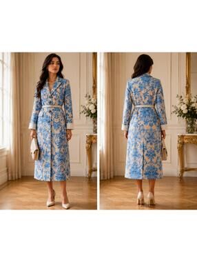 Order Plus Blue Printed Baroque Pocket Duster Blazer Jacket Sz L Statement Piece